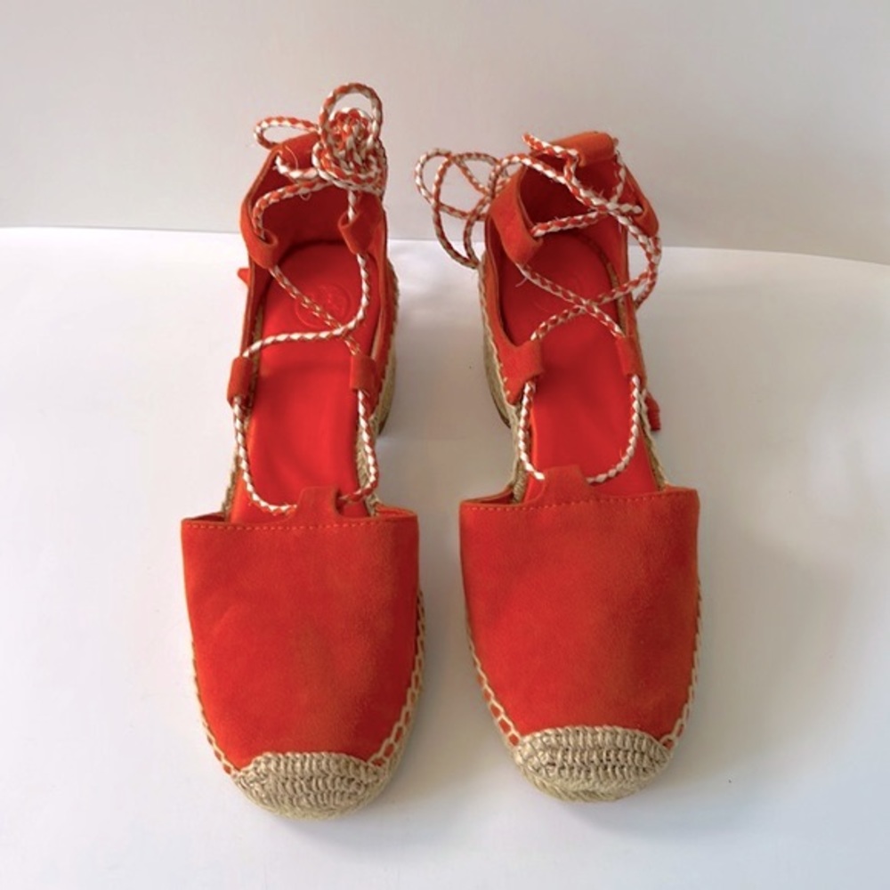 Tory Burch Suede Lace-Up Platform Espadrilles, Orange, size 7.5